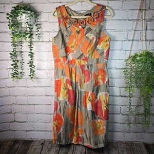 ADRIANNA PAPELL SHIFT DRESS GRAY WITH ORANGE AND RED POPPIES WOMENS SIZE 14 EUC